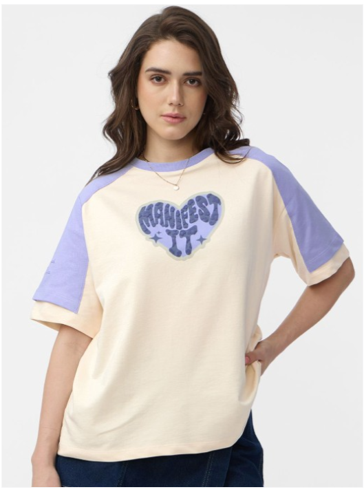 Women Typography Printed Round Neck Cotton Oversized T-shirt