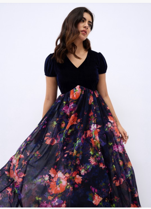 Women Floral Printed Puff Sleeve A-Line Maxi Dress