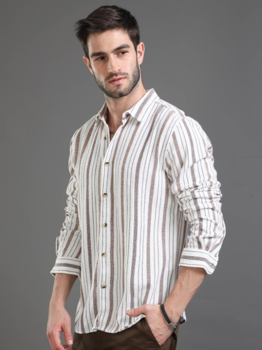 Slim Fit Vertical Striped Cotton Casual Shirt