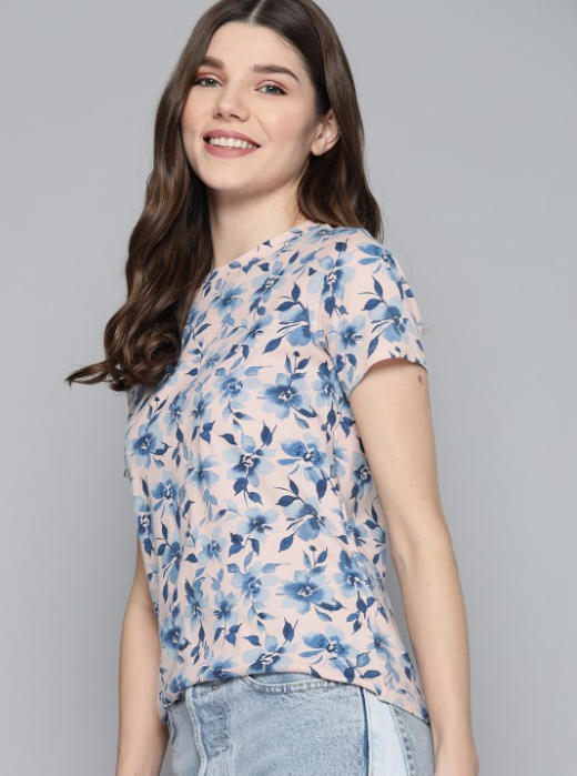 Peach-Coloured & Navy Blue Floral Printed Pure Cotton T-shirt